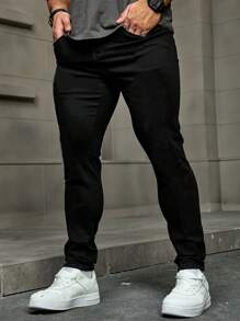 Men's Solid Color Stretch Slim Fit Jeans, Fashion Versatile - Black - View 3