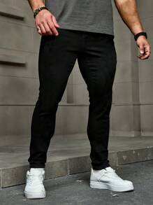 Men's Solid Color Stretch Slim Fit Jeans, Fashion Versatile - Black - View 6