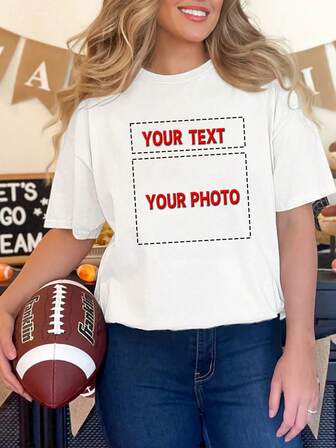 Customized Text + Image Women Loose T-Shirt, Personalized Pattern Design, Upload Your Family/Friends/Couple/Pet Photos, Birthday/Anniversary/Mother's Day Holiday Pattern Customization, Holiday Gift, Anniversary Gift, Company Team Building Uniform Customization, Charity Team Uniform Customization, Family Gathering Apparel,Customized Women Tops,Pre-Fall,Christmas Party Guideline