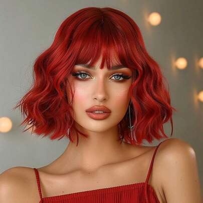 12英寸红色短卷发波波头假发，带刘海，合成卷发波波头假发，适合女孩，外观自然，适合日常佩戴、派对、角色扮演等场合（请注意佩戴和保养方法，由于拍摄时的光线和角度，实际产品颜色可能与图片略有不同）