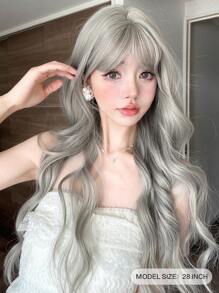alicegarden 1 Synthetic Heat-Resistant Long Curly Cream Gray Wig ,With Bangs, 28 Inches Long, Made Of Fiber, Suitable For Daily Use, Natural And Realistic Wig(Excluding Accessories)