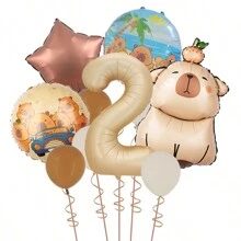 MIN ISO No use 10pcs Cute Capybara Theme Kawaii Hamster Series Cream & Caramel Colored 3D Numeral Multicolored Balloons Party Decorations Set, Suitable For Holidays, Birthdays, Gatherings, Back To School Valentine Day