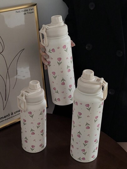 1pc 600ml/20.29oz, 800ml/27.06oz, 1000ml/33.82oz Pink Heart & Tulip Series Water Bottle, Sports Water Cup, Original Stainless Steel Double Wall Insulated Cup, Vacuum Bottle And Thermal Bottle, Travel And Outdoor Cup, Gym And Outdoor Sports Cup, Flat Bottom Cup, Car Cup, Winter And Summer Drinkware, Festival Gift