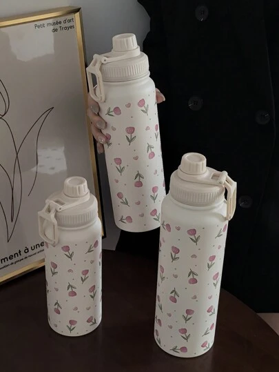 1pc 600ml/20.29oz, 800ml/27.06oz, 1000ml/33.82oz Pink Heart & Tulip Series Water Bottle, Sports Water Cup, Original Stainless Steel Double Wall Insulated Cup, Vacuum Bottle And Thermal Bottle, Travel And Outdoor Cup, Gym And Outdoor Sports Cup, Flat Bottom Cup, Car Cup, Winter And Summer Drinkware, Festival Gift