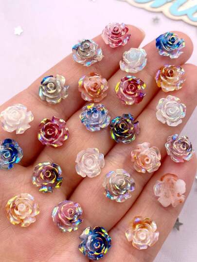 30PCS Mixed 10mm AB Resin Glitter Colorful Rose Flat Back Flower Rhinestone Gemstones Scrapbook Wedding Applique DIY Jewellery Crafts Accessories Decor Valentine's Day Valentines Summer, School