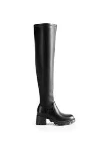 Women Fashion Platform Over The Knee Boots, Soft Elastic Leather Chunky Heel Long Boots With Side Zipper For Autumn & Winter Wearing - Black - View 4