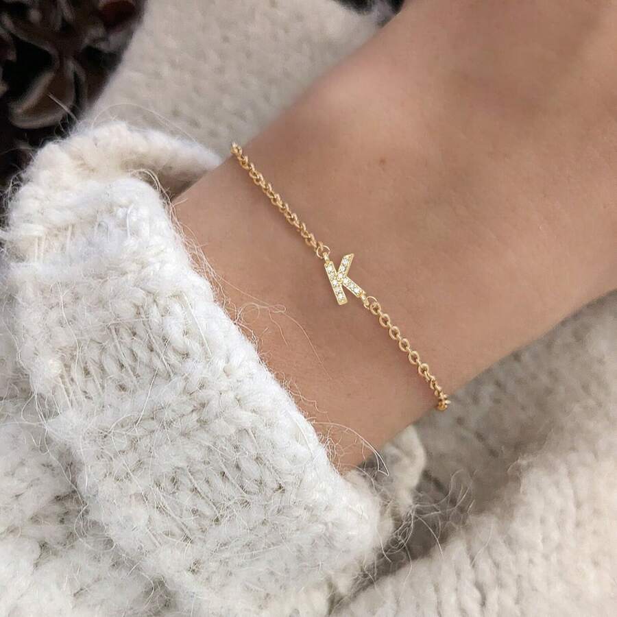 1pc New Simple Initial Stainless Steel O-Chain Bracelet For Women Party - Golden Micropaved - View 1