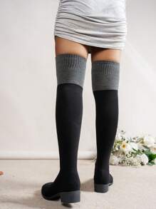 1双女士过膝弹力袜靴2024秋冬韩版针织过膝靴厚底粗跟圆头休闲机车靴