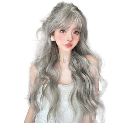 alicegarden 1 Tóc giả dài màu kem xám xoăn chịu nhiệt tổng hợp, có mái, dài 28 inch, làm bằng sợi, thích hợp sử dụng hàng ngày, tóc giả tự nhiên và chân thực (không bao gồm phụ kiện)