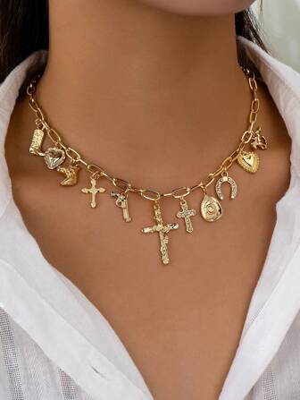 1 Pieza Collar colgante con dije en forma de bota vaquera, sombrero vaquero, herradura y corazón, conjunto de varios dijes como joyas para mujeres para el Día de San Valentín