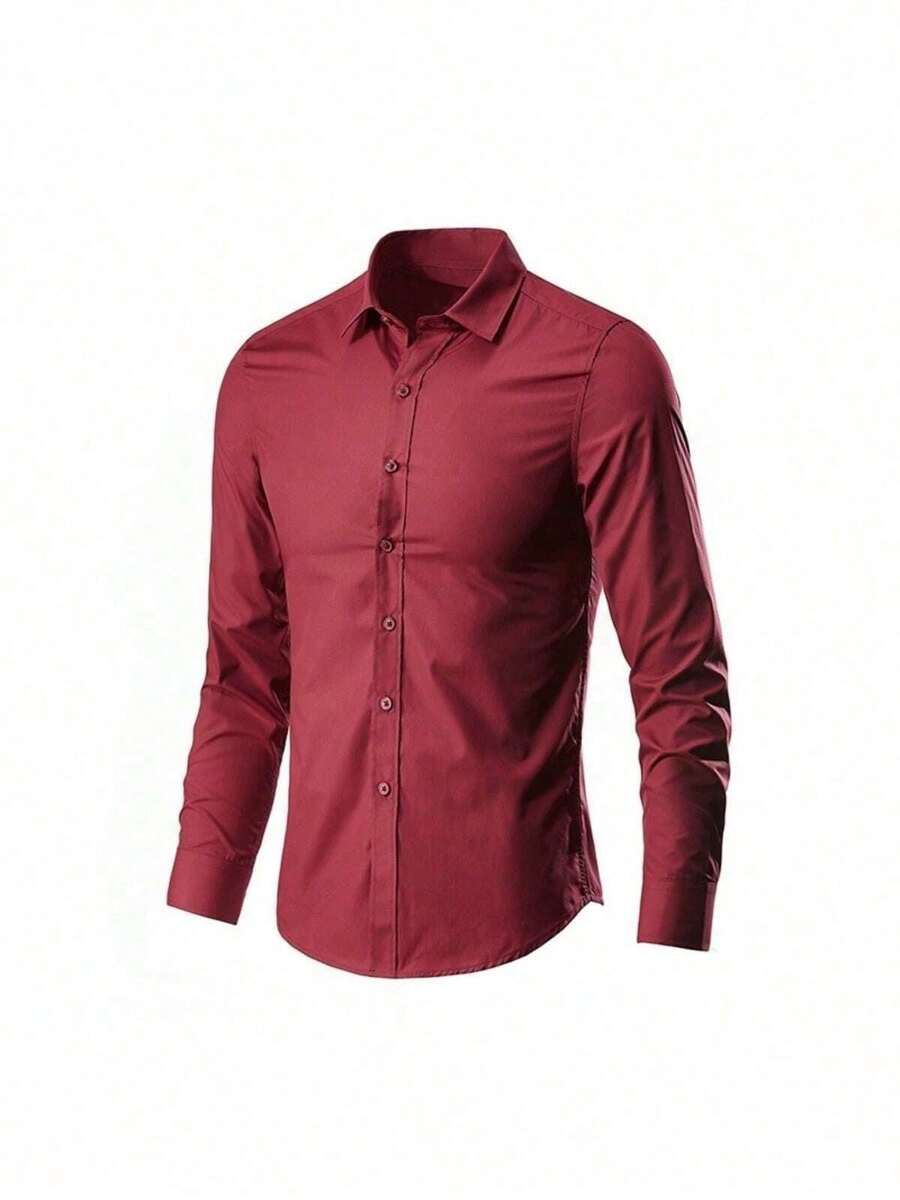 Wardrobe Essential: Men's White Dress Shirt - Long Sleeve, Button Down And Slim Fit - 酒紅色 - 查看 1