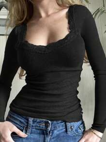 Women's T-Shirt Y2K Fall Women Back To School Clothes Sexy Casual Solid Color Lace Lace Square Neck Knitted Long-Sleeved Top