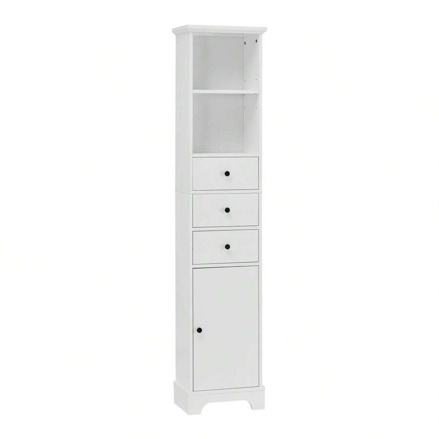 White Tall Bathroom Freestanding Storage With 3