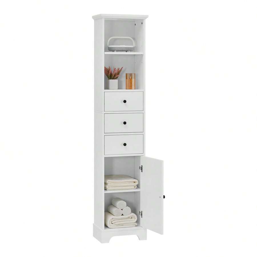 White Tall Bathroom Freestanding Storage With 3