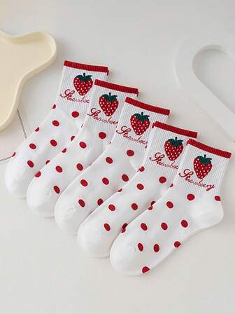 5 双水果涤纶卡通女士中筒袜，时尚可爱甜美，秋冬