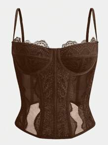 1 pieza Corset parte superior para mujeres para salir Parte superior de encaje de malla para cita nocturna con tirantes finos Parte superior de fiesta de club'