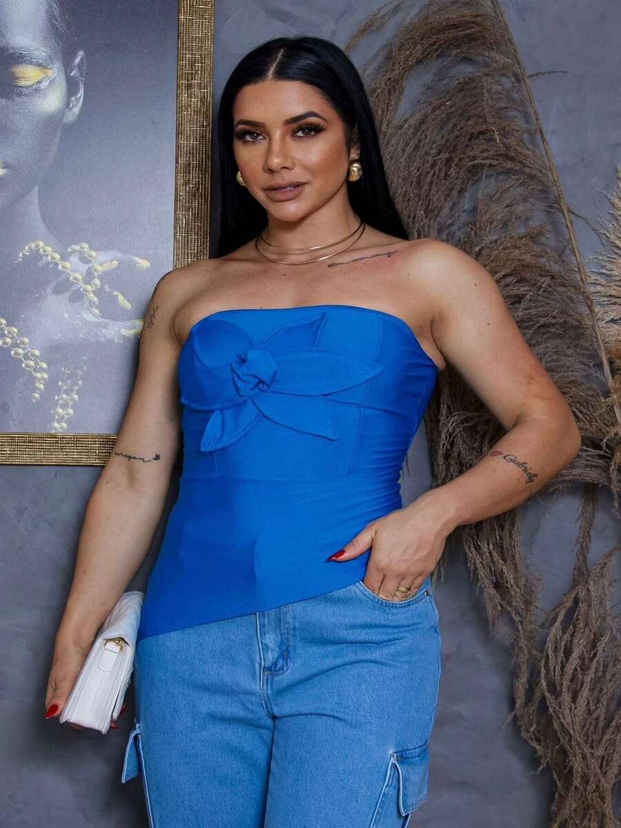 Strapless Blouse With Flower - Màu xanh lam - Xem 1