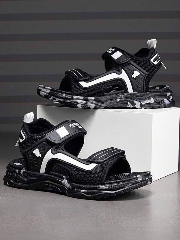 Kids Sandals Children Sports Sandals With Double Hook And Loop Adjustable Black & White Classic Color Boys Water Sandals Fashionable Versatile Beach Shoes