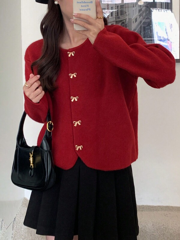 Loose Fit Ribbon Button Decor Round Neck Elegant Long Sleeve Knit Cardigan