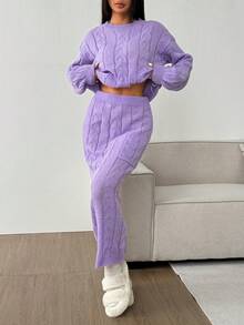 Korean Style Christmas Casual Boho Holiday Party Vintage Clothes Women Old Money Style Cute Airport Streetwear Country Concert Outfit Jumpers Co-Ords Sets Women Cosplay Halloween Costume Halloween 2025 Sexy Witch Costume Going Out Fall Women Clothes Back To School Clothes Y2K Country Concert Outfit Fall Dresses For Women Winter Outfit For Women Goth Solid Color Round Neck Loose Top & Elastic Waist Straight Pocket Skirt Set