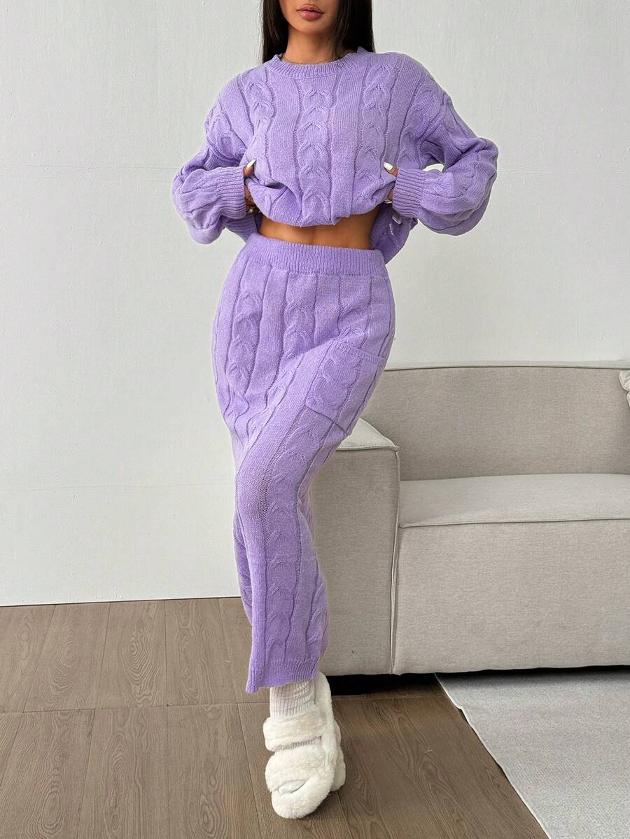 Korean Style Christmas Casual Boho Holiday Party Vintage Clothes Women Old Money Style Cute Airport Streetwear Country Concert Outfit Jumpers Co-Ords Sets Women Cosplay Halloween Costume Halloween 2025 Sexy Witch Costume Going Out Fall Women Clothes Back To School Clothes Y2K Country Concert Outfit Fall Dresses For Women Winter Outfit For Women Goth Solid Color Round Neck Loose Top & Elastic Waist Straight Pocket Skirt Set