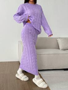 Korean Style Christmas Casual Boho Holiday Party Vintage Clothes Women Old Money Style Cute Airport Streetwear Country Concert Outfit Jumpers Co-Ords Sets Women Cosplay Halloween Costume Halloween 2025 Sexy Witch Costume Going Out Fall Women Clothes Back To School Clothes Y2K Country Concert Outfit Fall Dresses For Women Winter Outfit For Women Goth Solid Color Round Neck Loose Top & Elastic Waist Straight Pocket Skirt Set