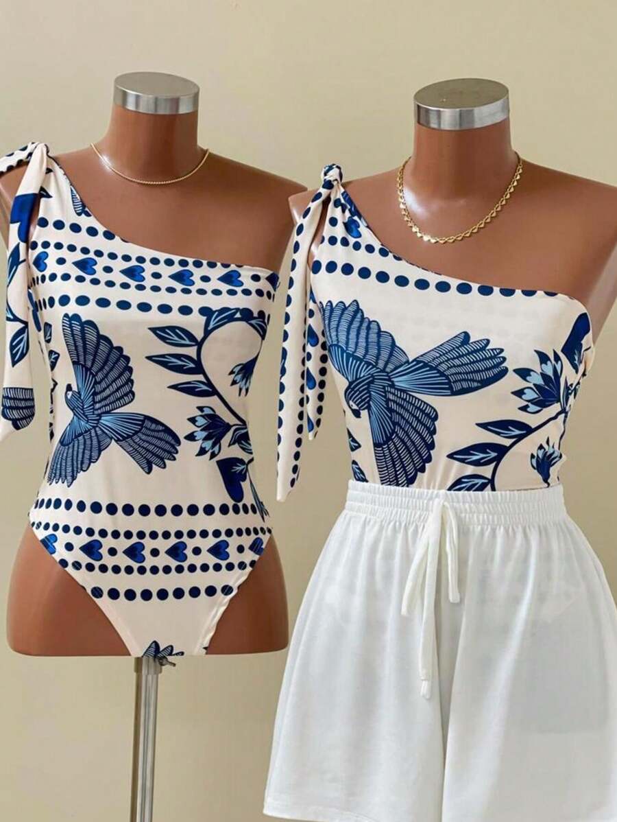 Women's Printed Macaw Bodysuit Summer One-Shoulder Top With Single Strap - 金剛鸚鵡的飛行 - 查看 1