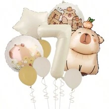 MIN ISO No use 10pcs Cute Capybara Theme Kawaii Hamster Series Cream & Caramel Colored 3D Numeral Multicolored Balloons Party Decorations Set, Suitable For Holidays, Birthdays, Gatherings, Back To School Valentine Day