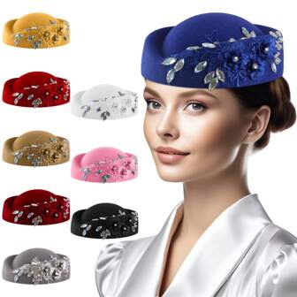 Vintage Knitted Felt Pillbox Rhinestone Hat Women's  Derby Veil Flower Fedora