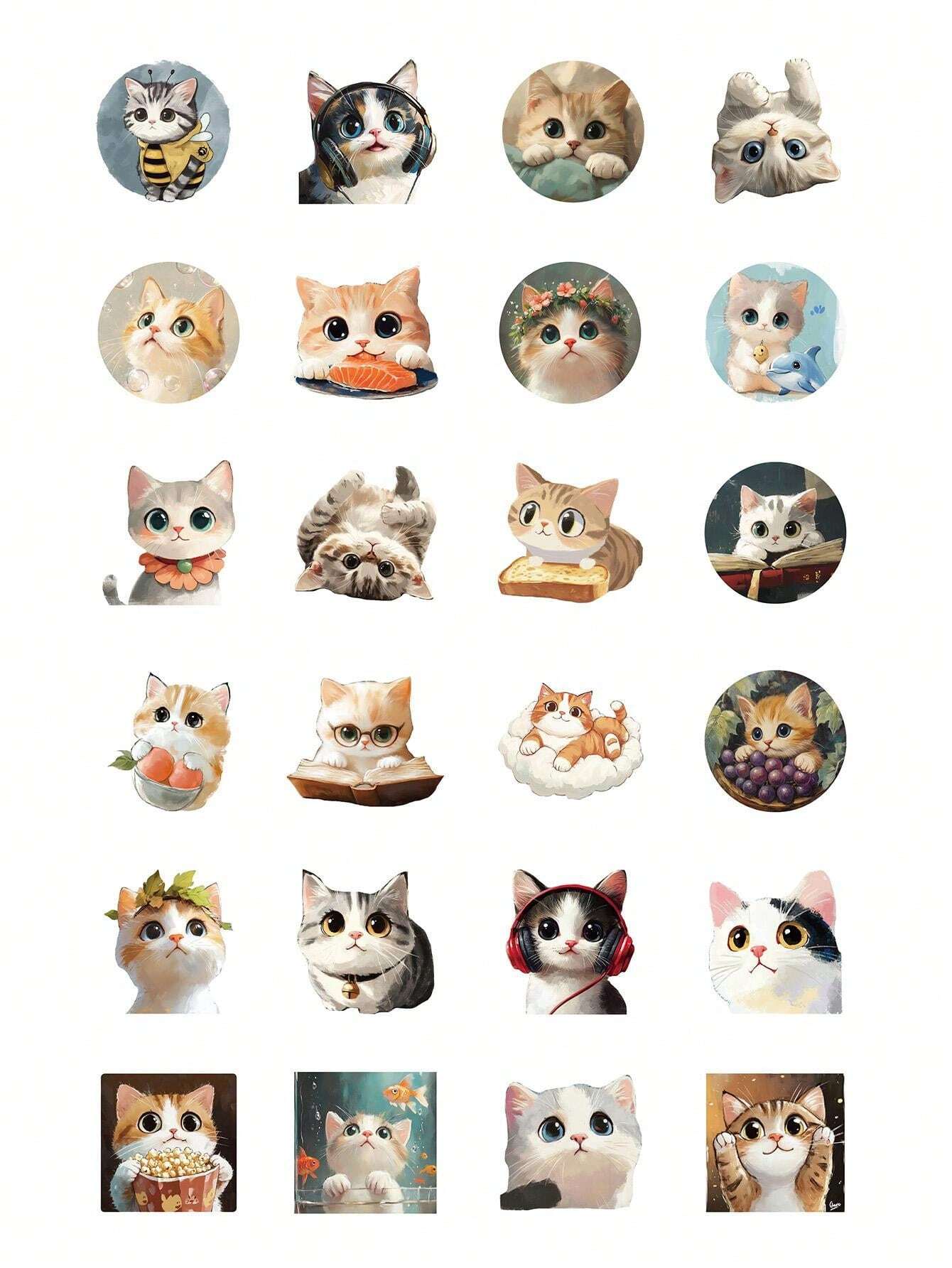 50Pcs Cat Stickers For Kids, Cartoon Cats HandPainted Graffiti Sticker
