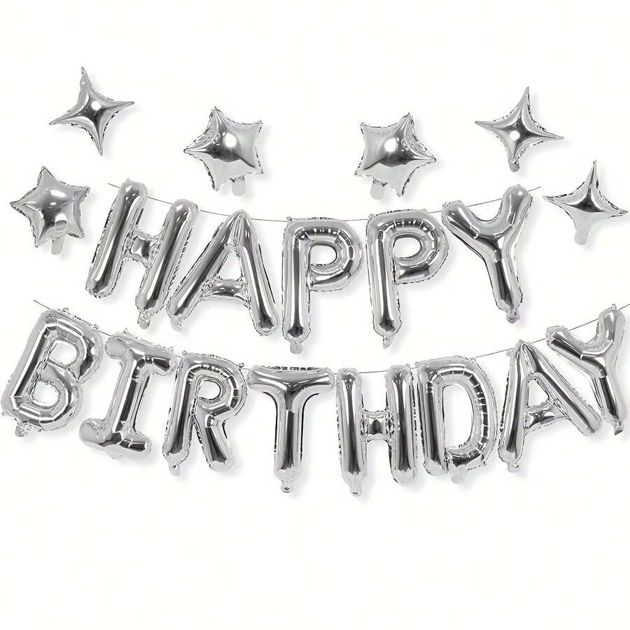 Bóng bay mừng sinh nhật vàng/bạc, Đồ trang trí tiệc sinh nhật, Biểu ngữ mừng sinh nhật chữ vàng bạc 3D với 6 quả bóng bay hình ngôi sao, Đồ trang trí tiệc sinh nhật - Nhiều màu - Xem 1