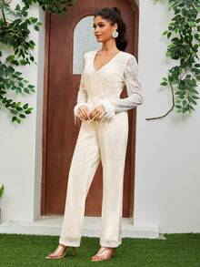 Damen Braut Hochzeit andere Outfits Feder Manschette Langarm V-Ausschnitt Hohe Taille eleganter Spitzen-Jumpsuit, Weiß