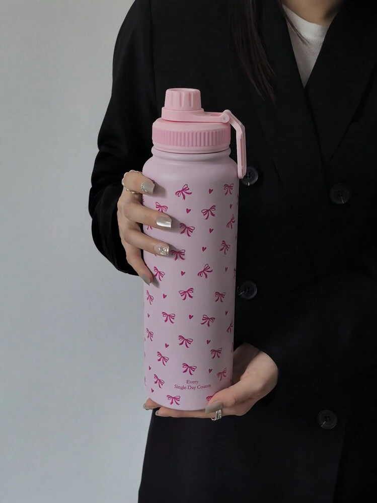 ピンクリボンハート柄 水筒 600ml/800ml/1000ml、スポーツ用 真空断熱