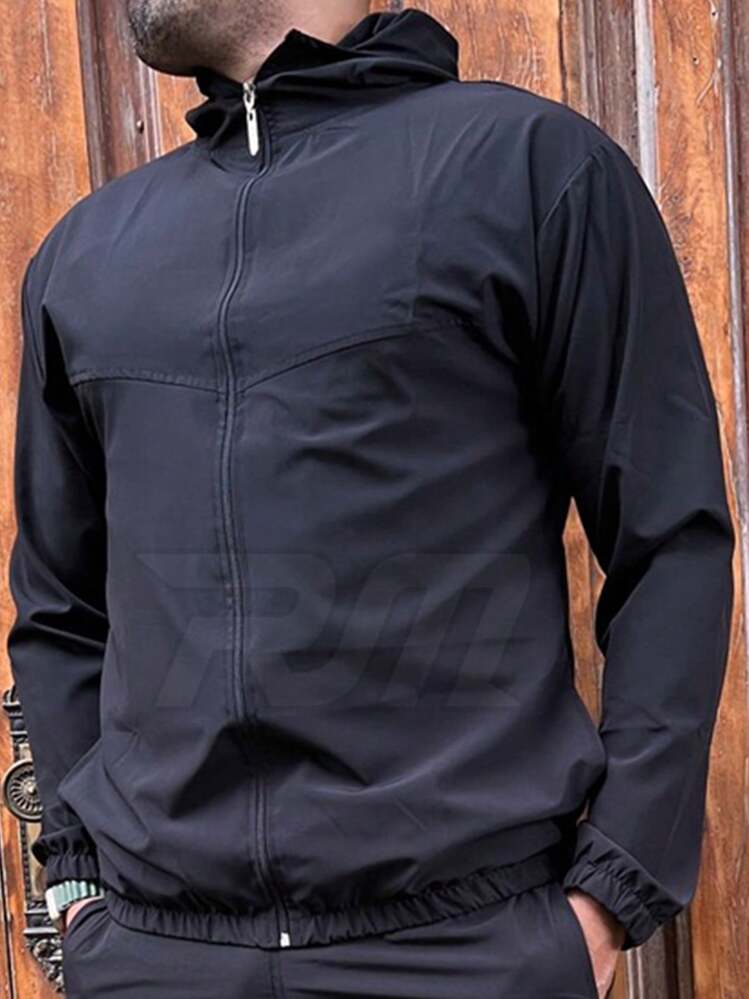 Corta Vento Esportivo com Capuz Secagem Rápida de Poliéster com Elastano - Preto - Visão 1