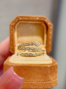 1 peça 18k banhado a ouro 925 prata esterlina 3-círculos totalmente pavimentado strass cobra anel, design elegante, adequado para uso diário feminino, festa ou escritório
