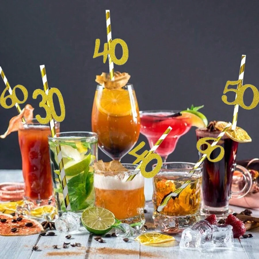 10pcs Paper Straws With 18, 21, 30, 40, 50, 60, 70, 80 Number Design In Gold & Rose Gold Color, Cake Decor For Birthday Party
