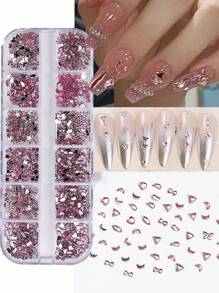 12 格粉色美甲水钻搭配平底树脂美甲饰品，心形蝴蝶结新月花朵蝴蝶形状美甲树脂珠宝饰品适用于美甲沙龙，多形状美甲水钻平底水晶夏季色彩设计，是送给女孩和女士的绝佳礼物 - 彩色 - 查看 10