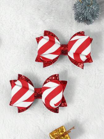 2 st. julklappar hårrosetter för kvinnor flickor glittrande glitter rosett krokodilklämmor med svalstjärt röd rand vindsnurra hårrosetter söt juldagsrosett hårspännen för julfestgåvor kvinnor mode håraccessoarer