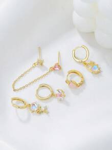 Shescity 1 Set Of 5 Pieces Exquisitely Designed Micro-Paved Colored Zirconia Love Key Earrings And Studs Set Suitable For Women To Wear On One Ear For Daily Banquets