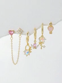 Shescity 1 Set Of 5 Pieces Exquisitely Designed Micro-Paved Colored Zirconia Love Key Earrings And Studs Set Suitable For Women To Wear On One Ear For Daily Banquets