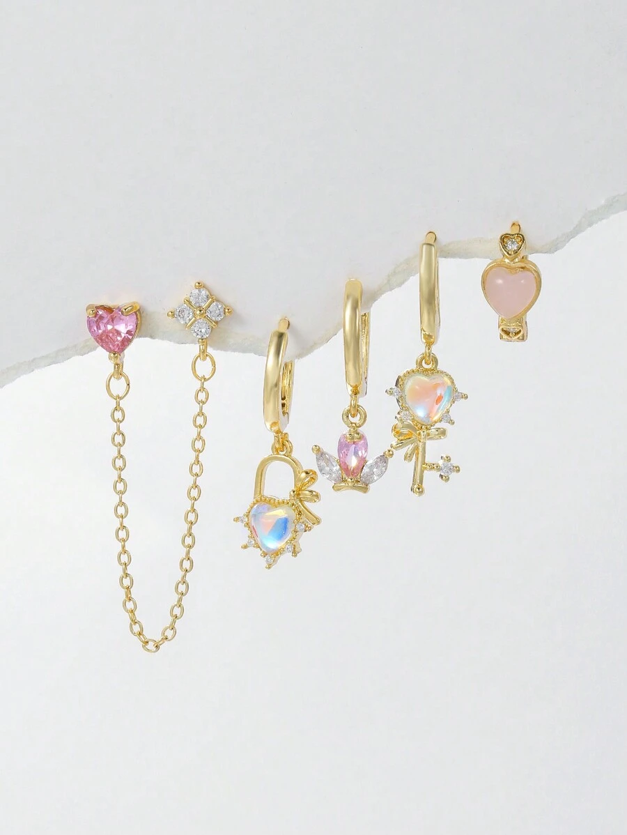 Shescity 1 Set Of 5 Pieces Exquisitely Designed Micro-Paved Colored Zirconia Love Key Earrings And Studs Set Suitable For Women To Wear On One Ear For Daily Banquets