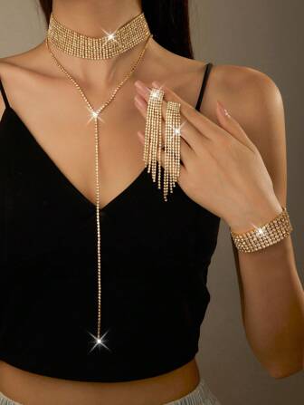 3-Piece Jewelry Women's Necklace Fashion, Exquisite Multi-Color Chain Y Necklace Long Simple Faux Pearl Cubic Zirconium Lip Layer Beaded Teardrop Rhinestone Pendant Necklace, Earrings, Bracelet Suitable For Women's Daily Wear, Wedding, Party, Etc.