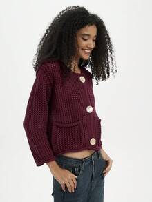 Áo khoác cardigan nữ dáng rộng, tối giản, đa năng, đính cúc kim loại, chất liệu dệt kim dày dặn, phù hợp cho mọi mùa. - Màu Đỏ Sâu - Xem 7