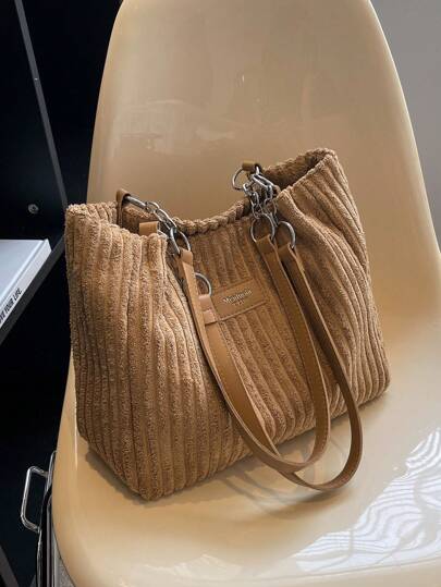 Fashionable Large Capacity Solid Plush Shoulder Tote Bag,Suitable For School,Travel,Shopping,Dating,Women's Gift Corduroy Tote Bag For Women Fashion Chain Shoulder Bag Large Capacity Plush Handbag,School Bag,Portable,Large Capacity,Lightweight,For Teen Girls Women College Students,College,Middle School,High School,Outdoors,Travel,Outings,Work,Business,Commute, New Autumn And Winter Women Bag, Best Fall Purse, New Fall Fashion 2025 For Women