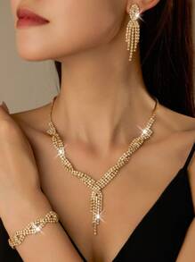 This 4-Piece Set Includes (1 Necklace + 1 Pair Of Earrings + 1 Bracelet) French Romantic Tassel Earrings And Bracelet, A Fashionable Jewelry Set Suitable For Daily Wear, Weddings, Parties And Other Occasions. - Silver - View 11