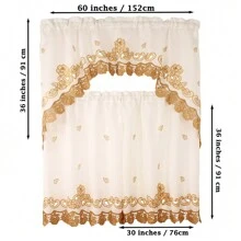 3pc Curtain Set For Kitchen And Home Embroidered Roses Design Modern Style Consist Of 2 Tiers: 30"X36" Each And A Swag: 60"X36" Available In Beige/Red Or Beige/Gold Colors - Gold - View 6
