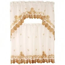 3pc Curtain Set For Kitchen And Home Embroidered Roses Design Modern Style Consist Of 2 Tiers: 30"X36" Each And A Swag: 60"X36" Available In Beige/Red Or Beige/Gold Colors - Gold - View 2