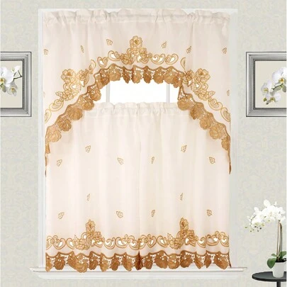3pc Curtain Set For Kitchen And Home Embroidered Roses Design Modern Style Consist Of 2 Tiers: 30"X36" Each And A Swag: 60"X36" Available In Beige/Red Or Beige/Gold Colors