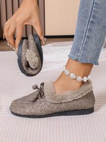 Women's Winter Soft Bottom Plush Flat Indoor Outdoor Home Furry Slippers, Casual Bowknot Non-Slip Slip-On Moccasins