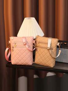 Túi đeo vai chéo họa tiết kẻ caro thêu dung tích lớn chất lượng cao nhiều ngăn - Hồng - Xem 2